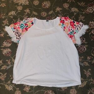SHEIN White Tee with Multicolor Floral Raglan Sleeves